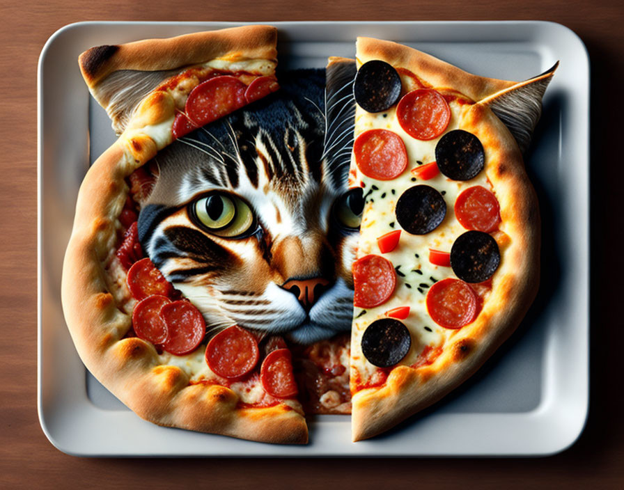 Cat's face blended with pepperoni pizza slices on a plate