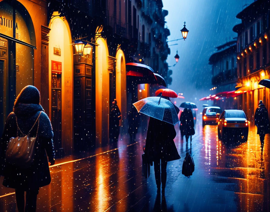 Pedestrians with umbrellas on rain-soaked city street at night.