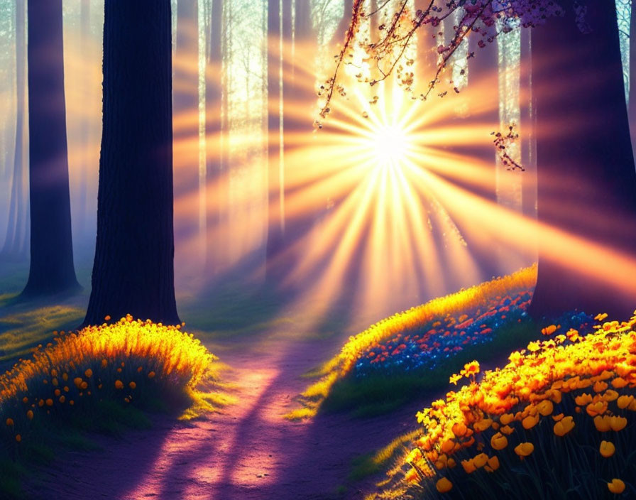 Sunlit forest path with vibrant flowers and warm glow