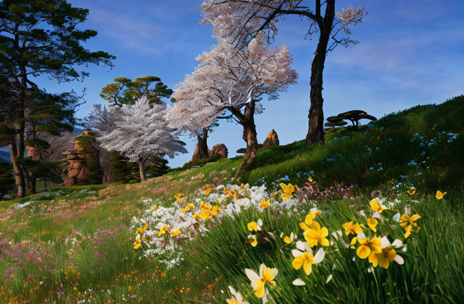 Blooming cherry blossom tree and daffodils on vibrant grassy hill