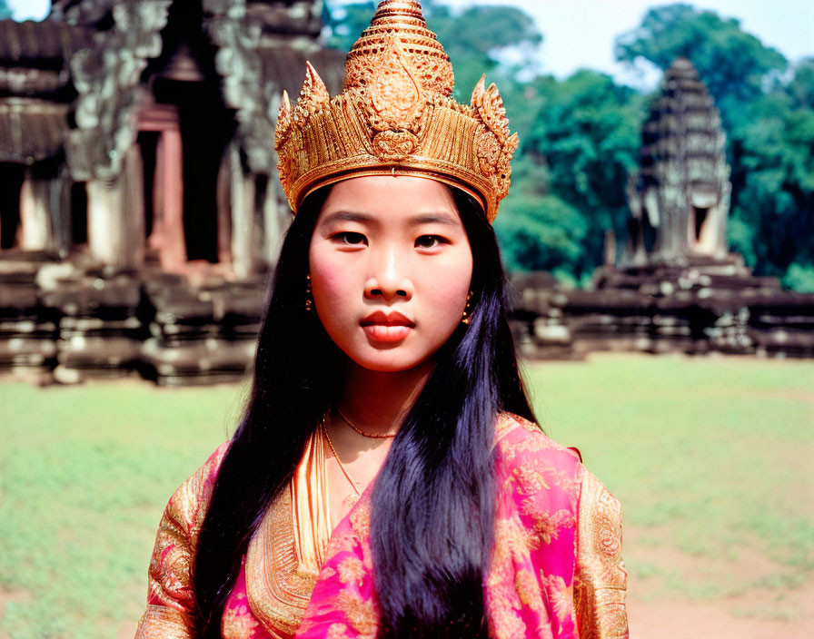 Traditional Southeast Asian Attire Woman at Ancient Temple