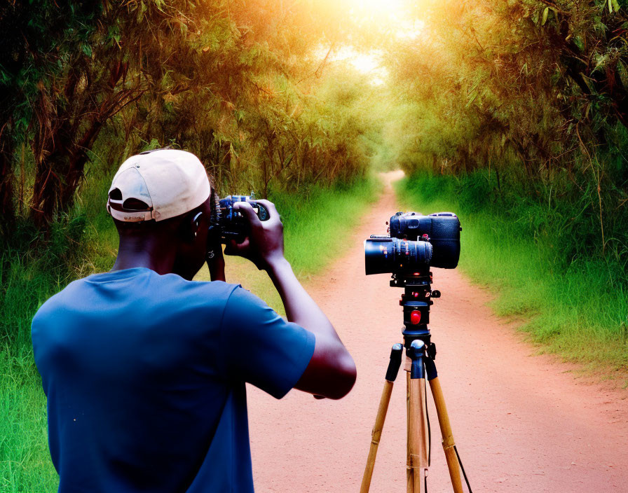 Person in Blue Shirt and Cap Using DSLR on Tripod in Green Bushes