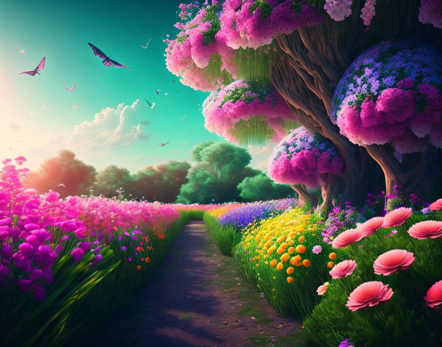 Colorful Fantasy Landscape with Whimsical Trees and Butterflies