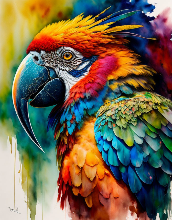 Vibrant Macaw Illustration with Colorful Watercolor Background