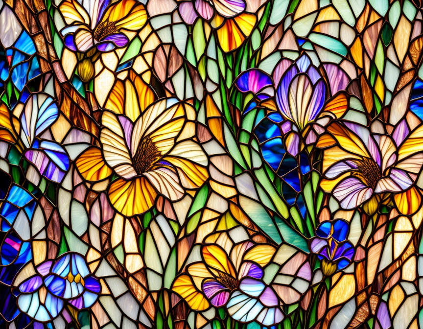 Vibrant floral pattern in stained glass window