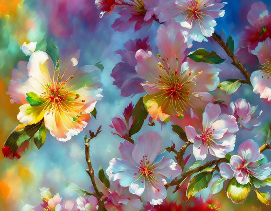 Colorful painting of delicate cherry blossoms on multicolored backdrop