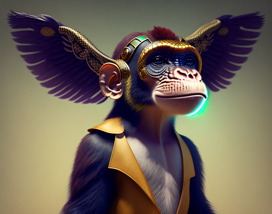 Stylized monkey with golden winged ears in futuristic attire on soft background