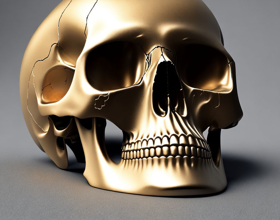 Golden Skull with Reflective Surface on Grey Background