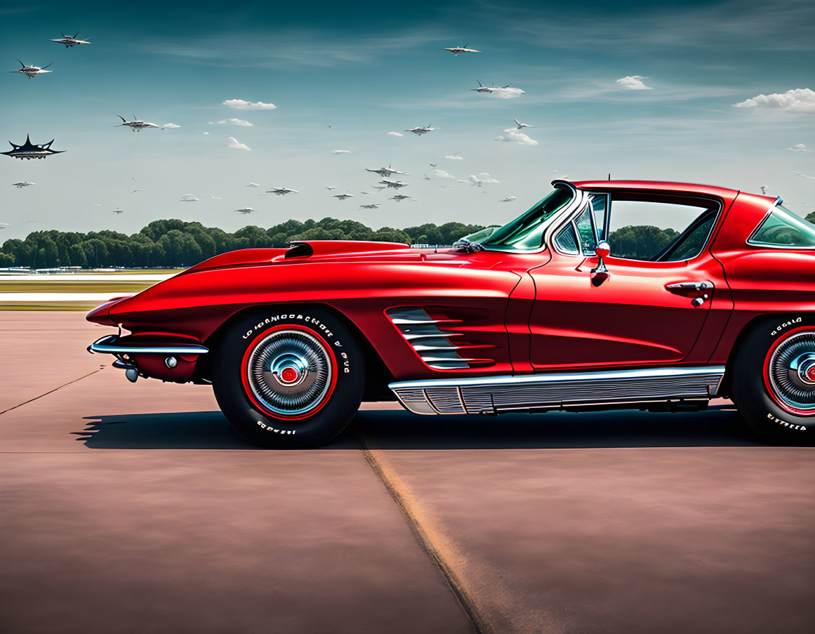 Vintage Red Corvette Parked on Airstrip with Military Jets in Formation