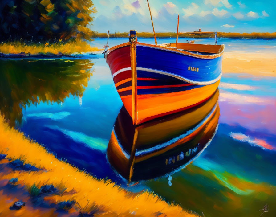 Colorful painting of red and blue boat on calm water near golden shoreline with lush greenery under blue