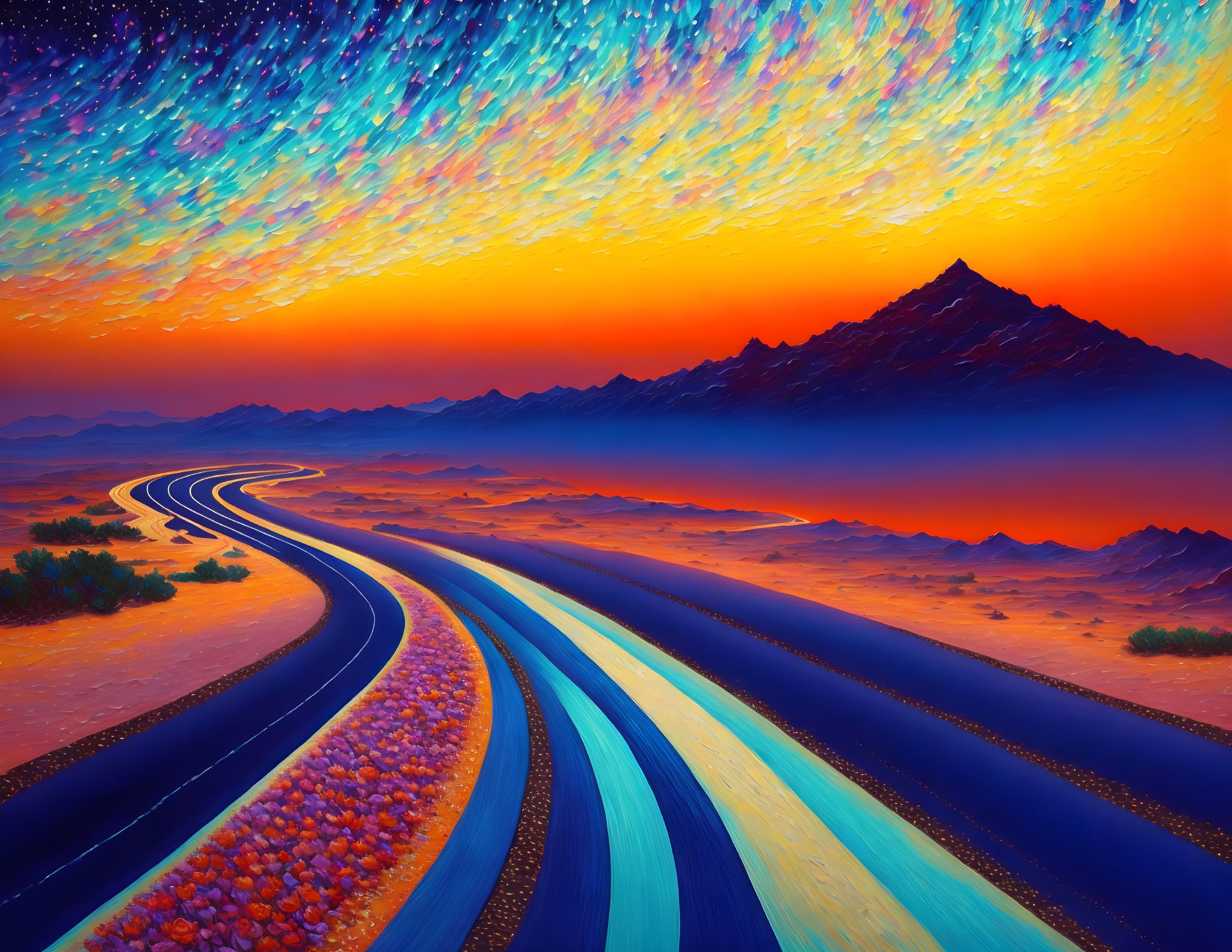 Colorful desert road painting at twilight with starry sky and distant mountain