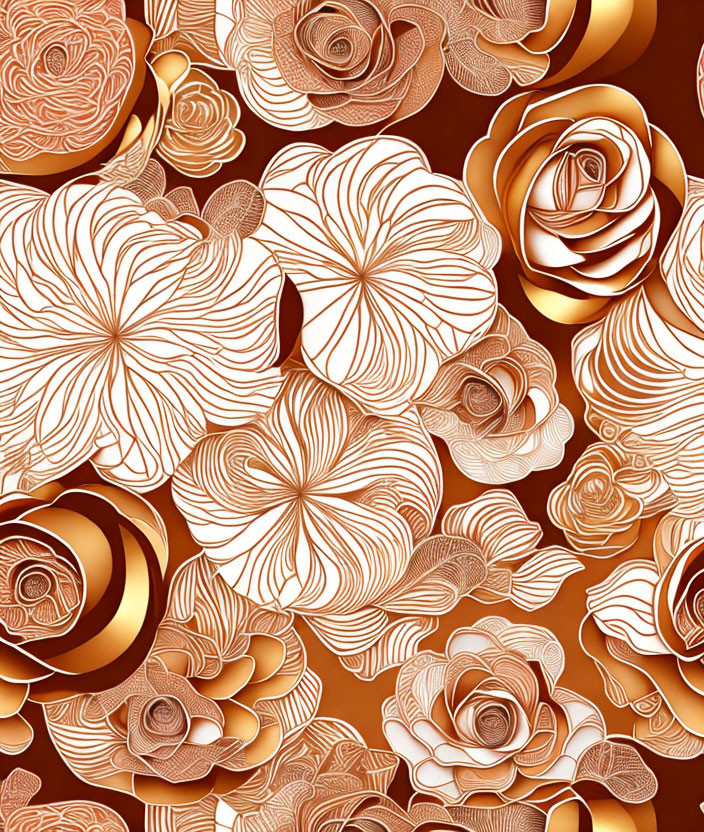 White and Gold Rose Line Art on Brown Background