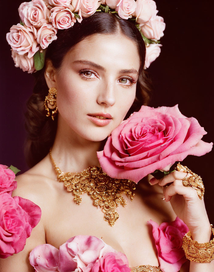 Woman with floral crown and rose in elegant setting