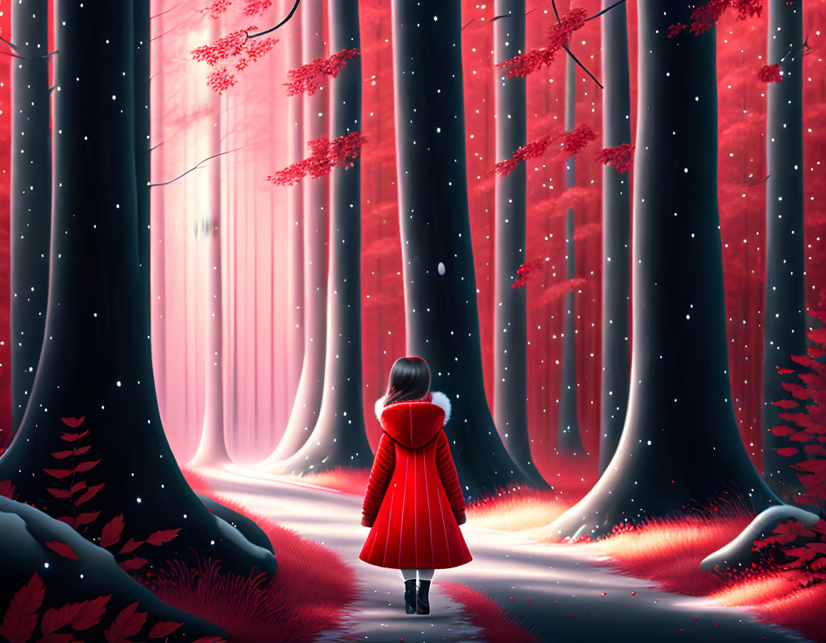 Child in Red Coat Walking Through Mystical Forest with Crimson Leaves