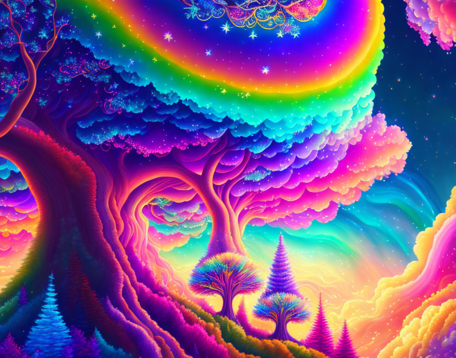 Surreal neon landscape with stylized trees under rainbow sky