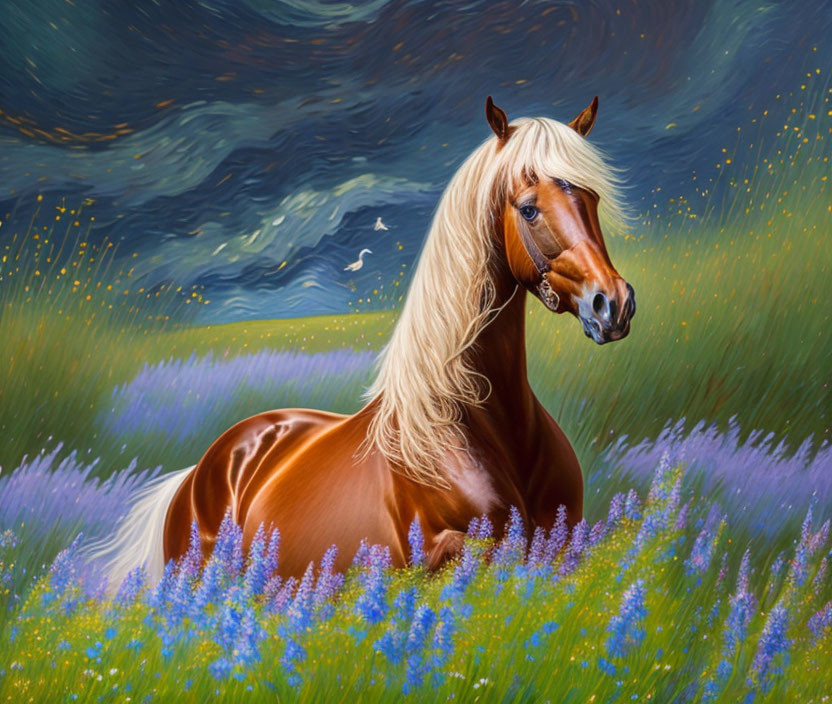 Majestic chestnut horse with blond mane in vibrant field of purple flowers