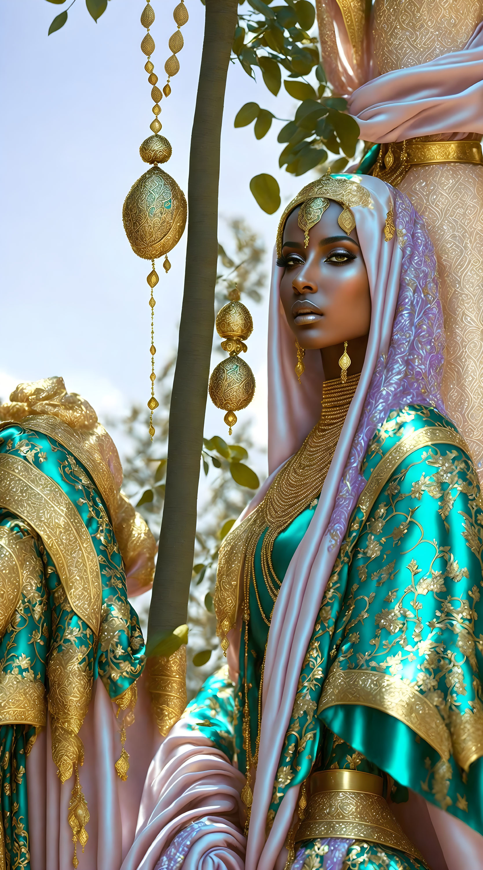 Woman in ornate blue and gold attire with intricate patterns and gold jewelry on natural backdrop