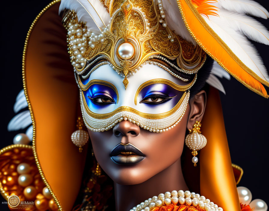 Elaborate masquerade mask with feathers, pearls, and gold detailing