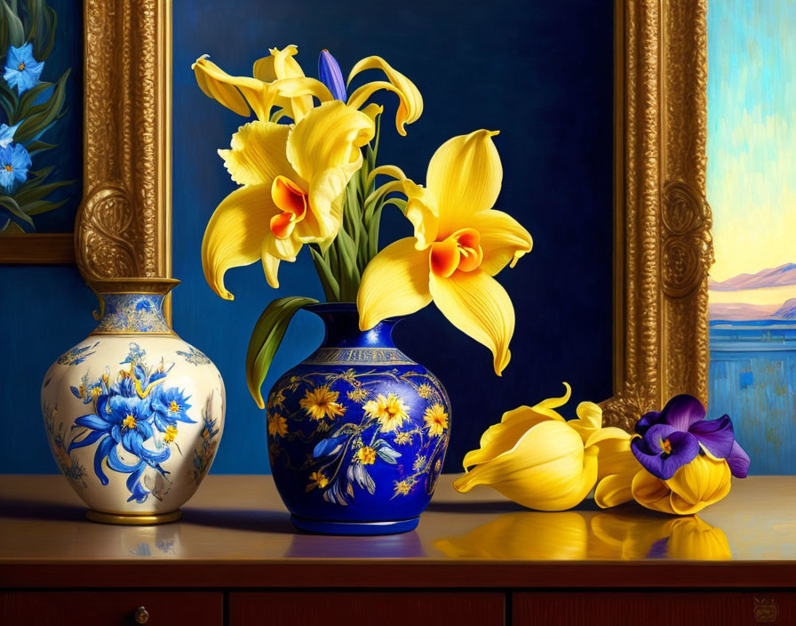 Yellow lilies and vases on wooden surface with landscape backdrop