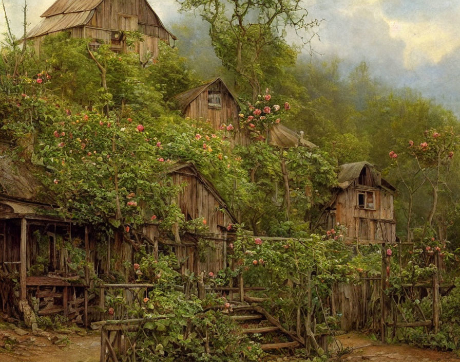 Mountain Cabins Surrounded by Greenery and Pink Roses