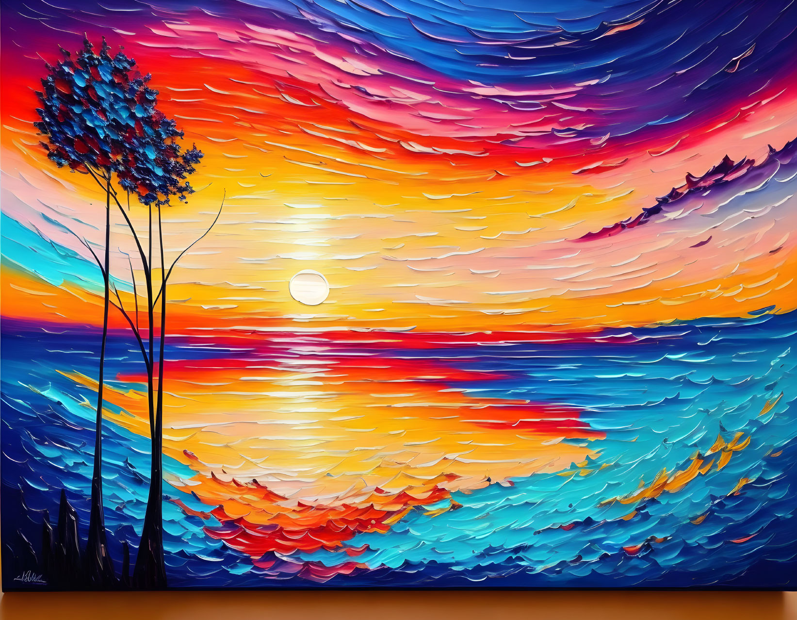 Vibrant textured painting of sunset over wavy sea