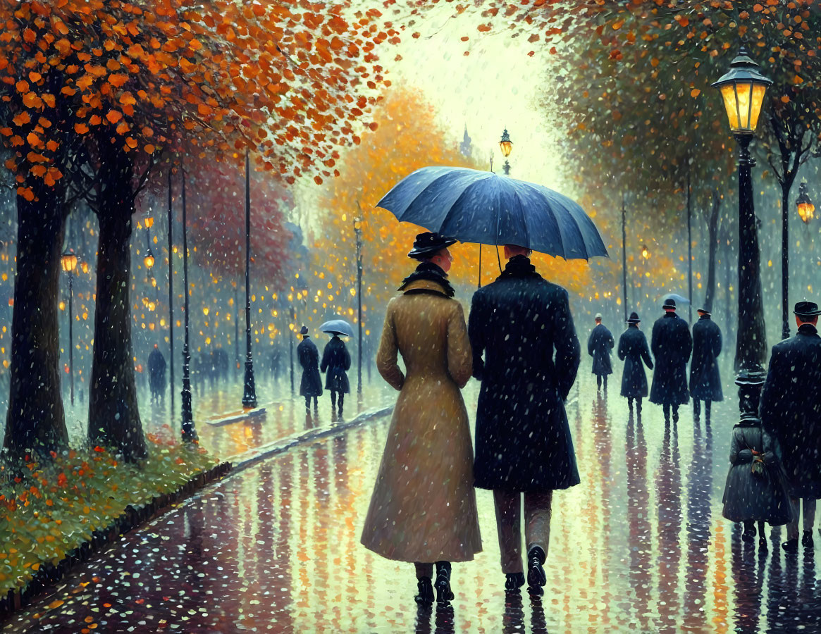 Autumn scene: Couple under umbrella on rainy street with golden trees.