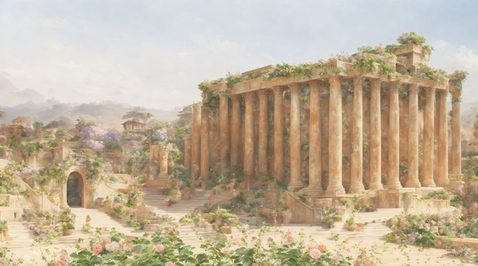 Ethereal painting of ancient ruins and blooming flowers