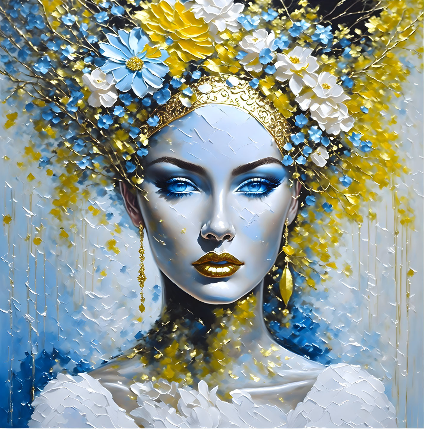 Woman with Floral Headpiece and Blue Skin in Golden Accessories on Blue and White Background