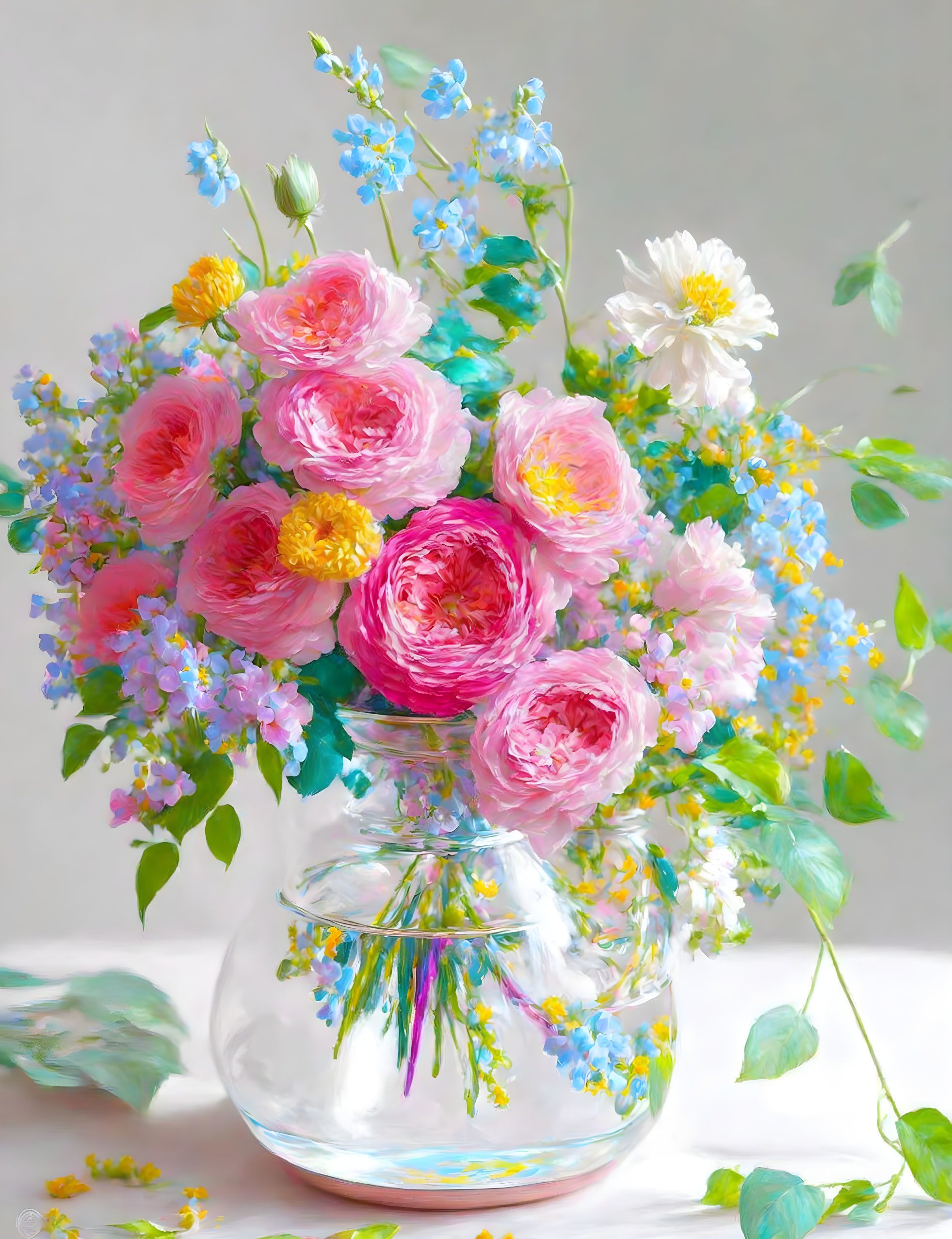 Colorful Flower Bouquet in Clear Glass Vase on Neutral Background