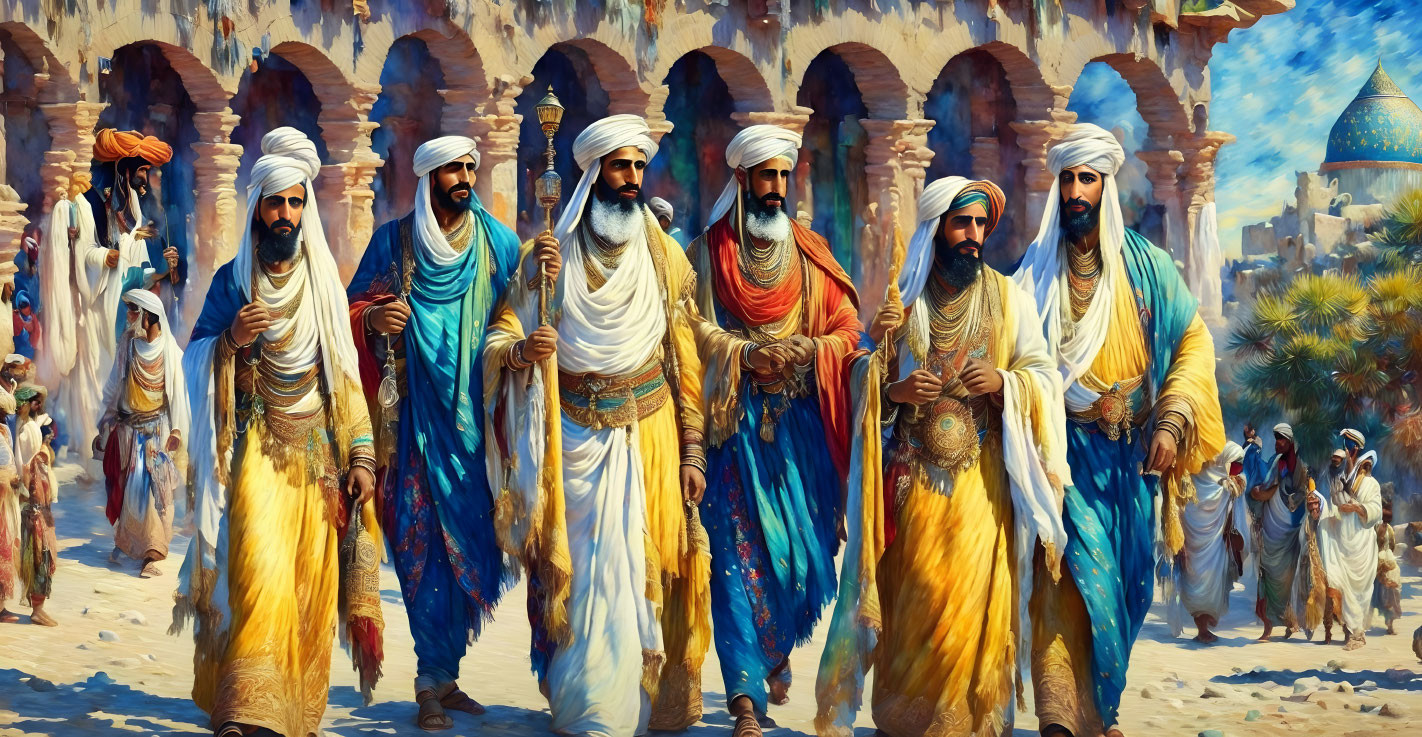 Traditional Middle Eastern Attire: Men Walking in Marketplace