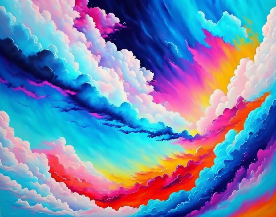 Colorful swirling sky painting with blues, purples, pinks, reds, and whites