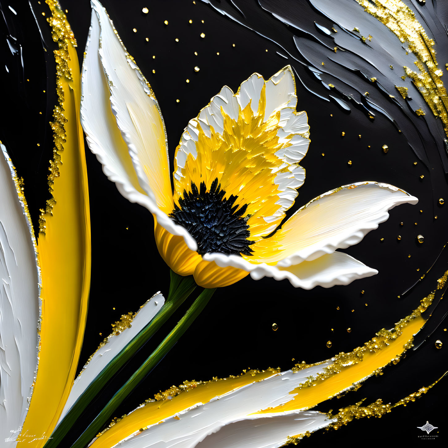 White and Yellow Flower on Black Background with Gold Streaks