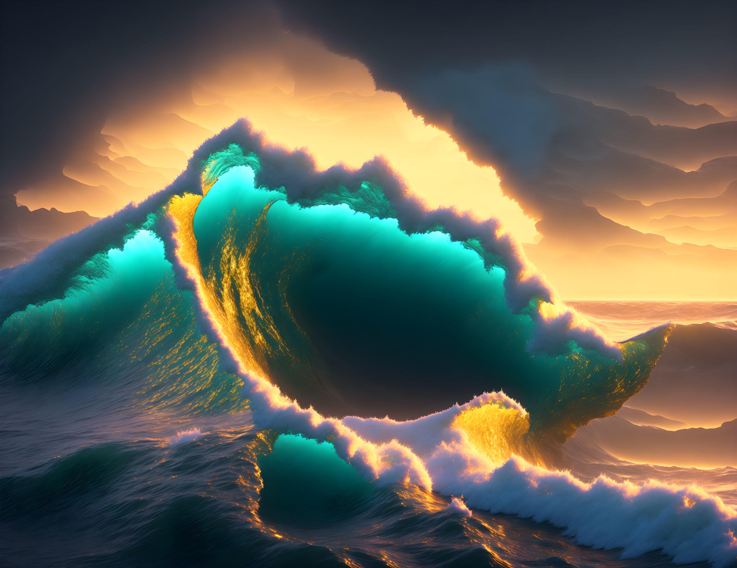 Turquoise Wave Crest Under Golden Sunset Sky