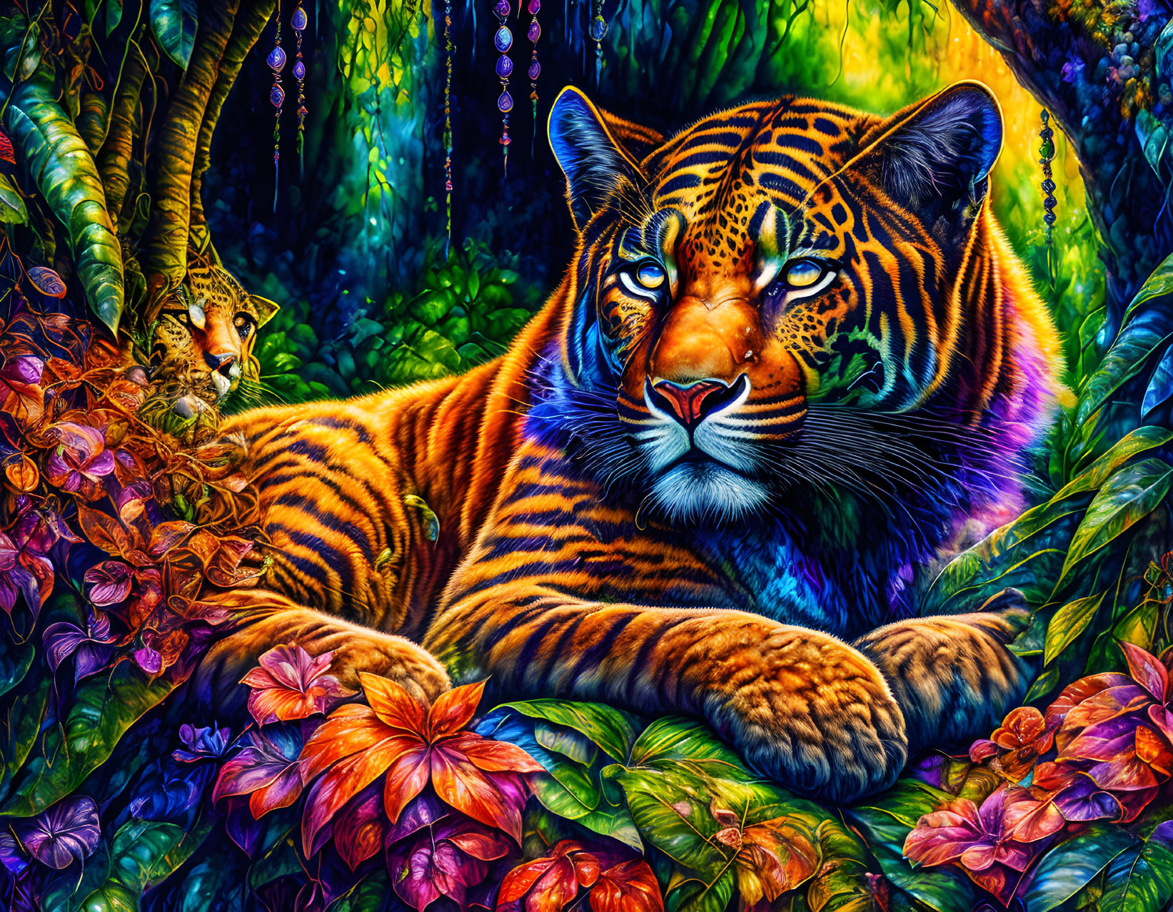 Colorful Tiger Artwork Featuring Lush Foliage and Hidden Companion