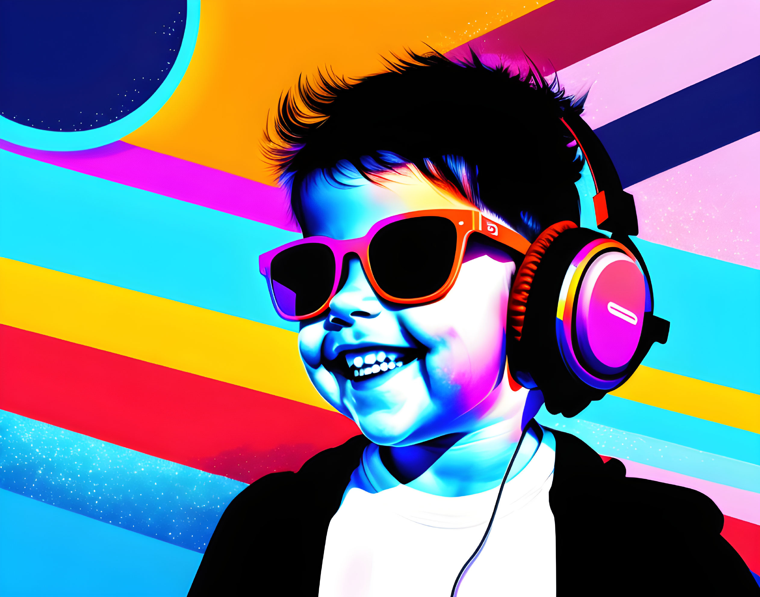 Smiling child in sunglasses and headphones on colorful background with moon.