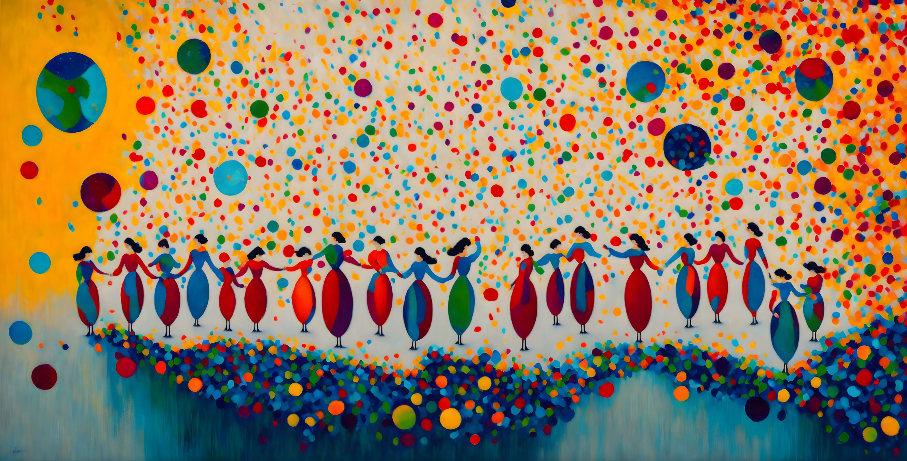 Vibrant abstract art: row of human figures with raised hands in colorful backdrop