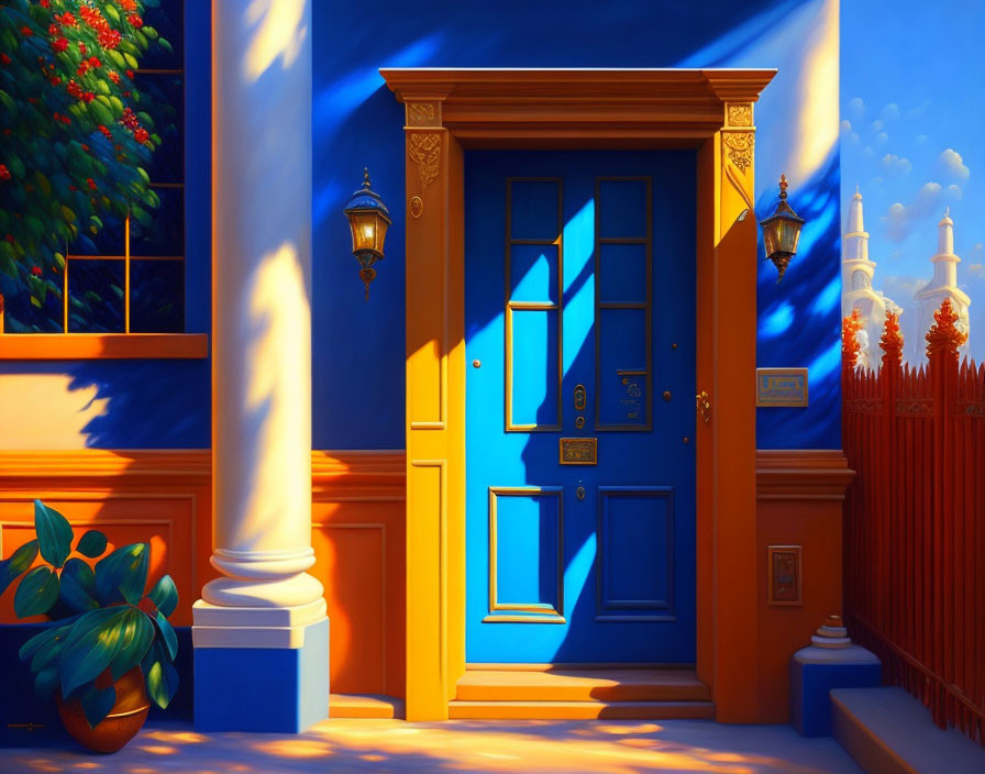 Colorful digital artwork: Blue door on ornate house, bathed in warm sunlight by red fence