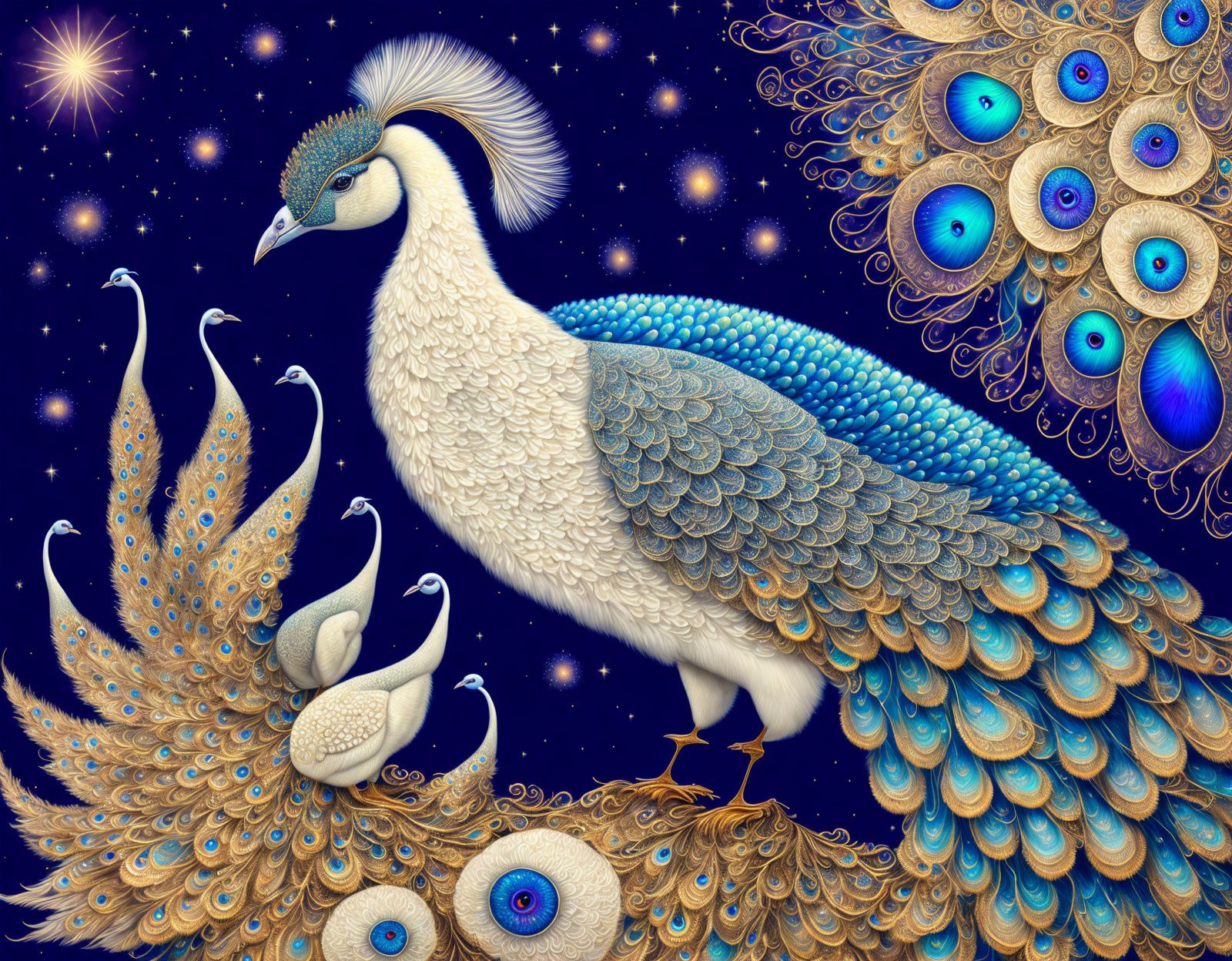 Peacock-themed illustration with ornate feathers on starry night sky