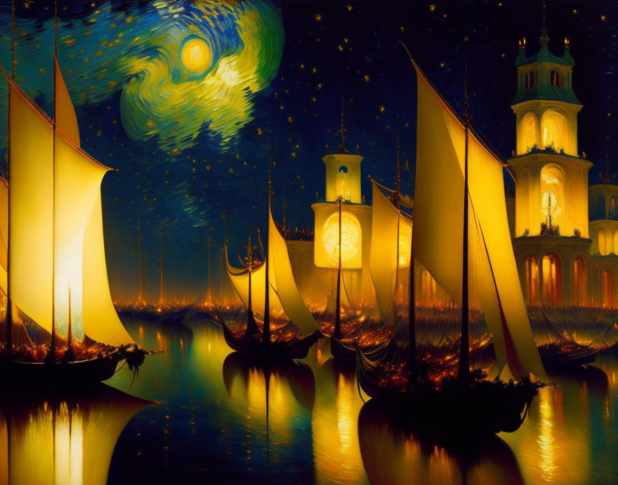 Golden sailboats on calm water under starry sky near lit-up building