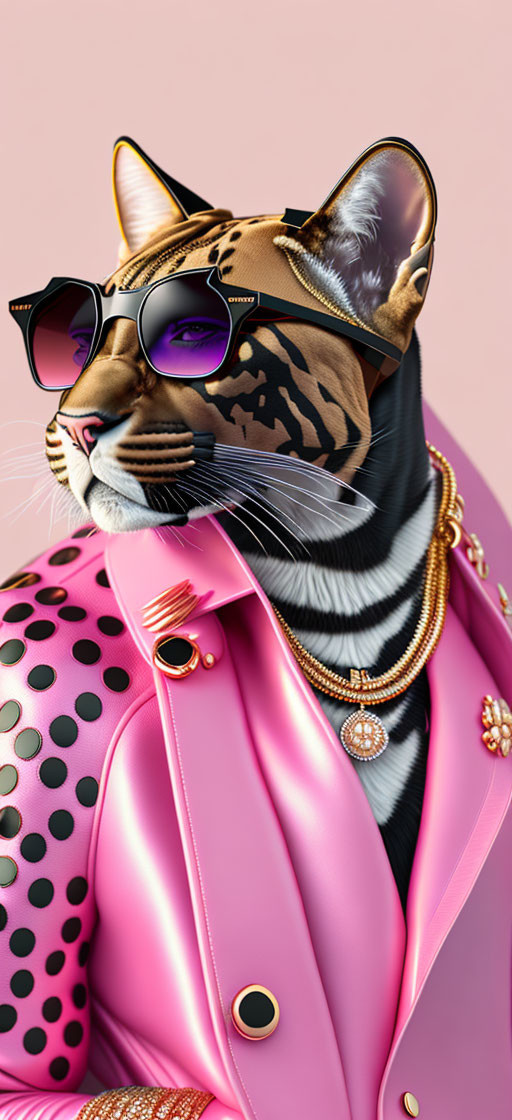 Cat with human-like body in pink blazer, polka dots, sunglasses, and gold jewelry.