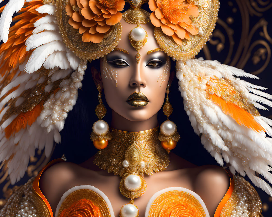 Woman in Gold and Orange Headdress with Feathers and Jewelry