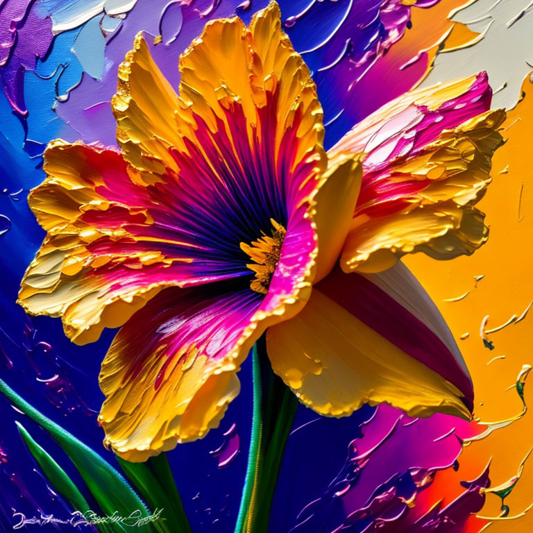 Colorful Flower Painting with Orange and Purple Petals on Textured Background