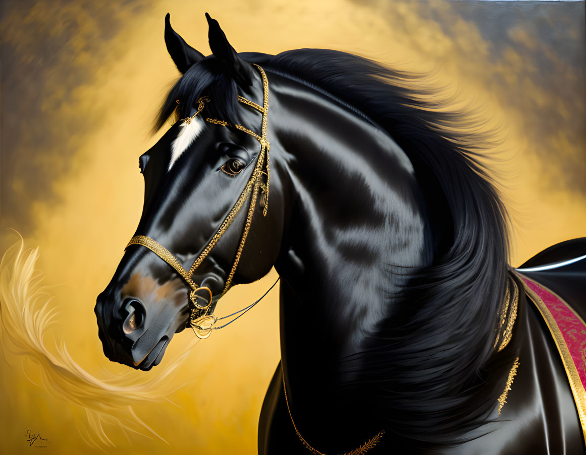 Majestic black horse with gold bridle on golden backdrop