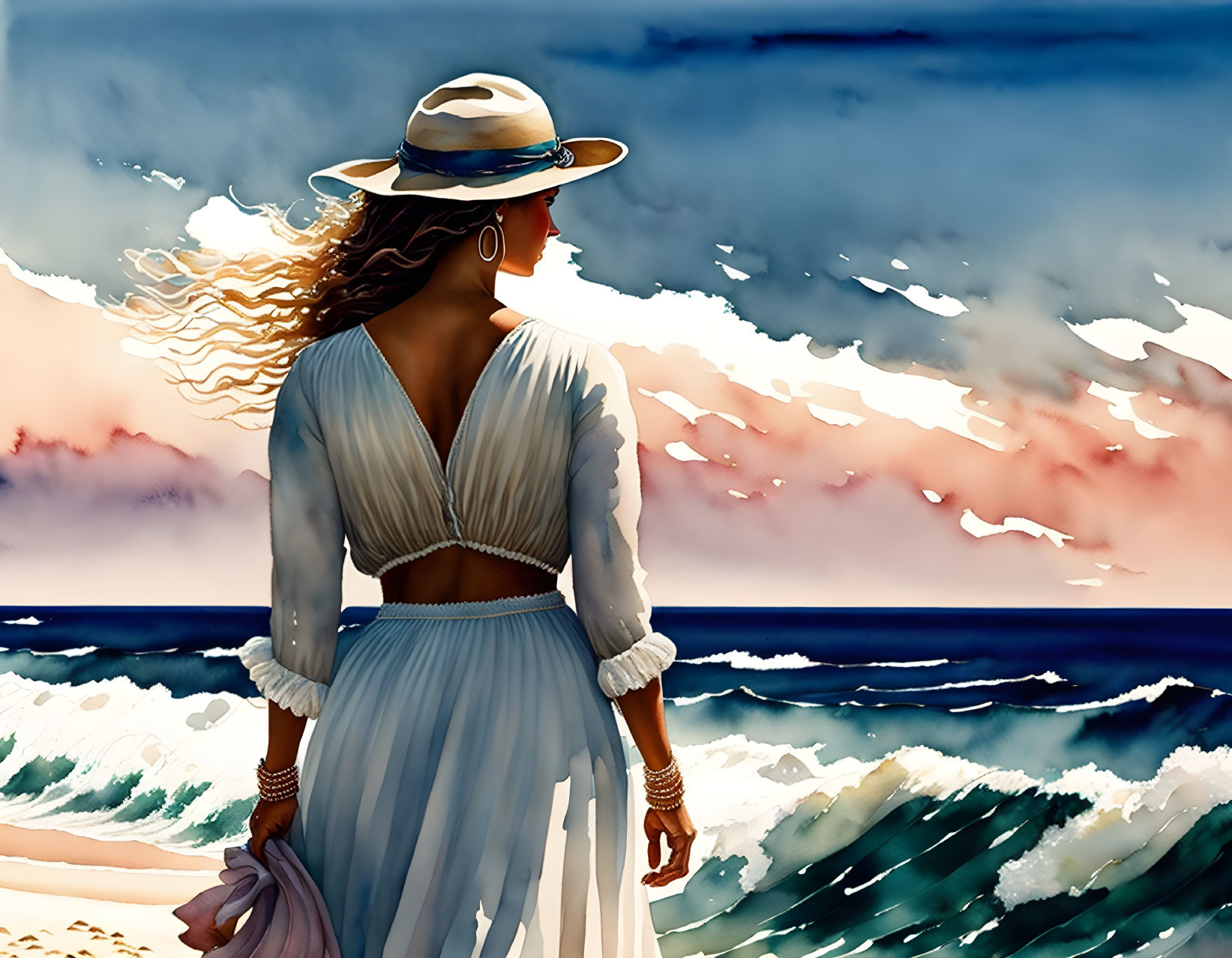 Woman in white dress and hat on beach gazes at vivid blue sea under cloudy sky