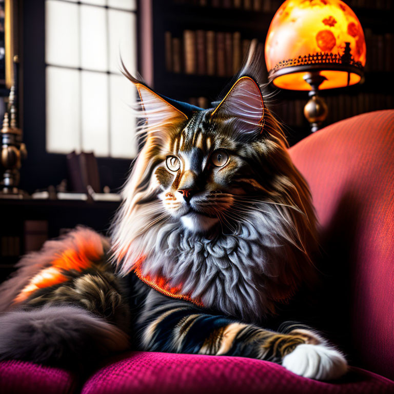 Majestic Maine Coon Cat Relaxing on Red Sofa in Dimly Lit Room