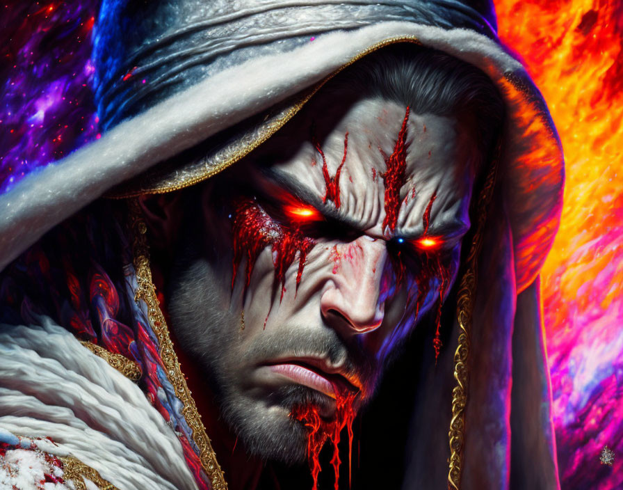 Character with red eyes, blood streaks, cloak with flames and ice.