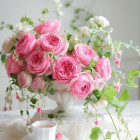 Colorful Flower Bouquet in Clear Glass Vase on Neutral Background