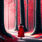 Child in Red Coat Walking Through Mystical Forest with Crimson Leaves