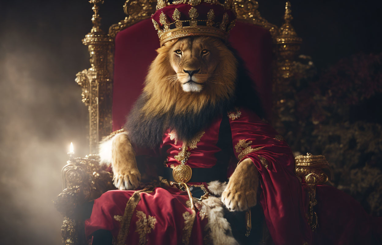 Regal lion with crown and robe on throne surrounded by candles