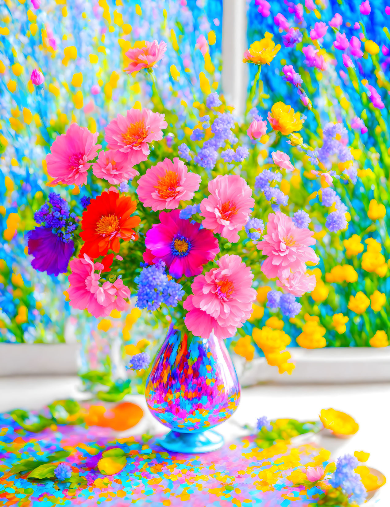 Colorful Pink and Blue Flower Bouquet in Clear Vase on Floral Pattern Background